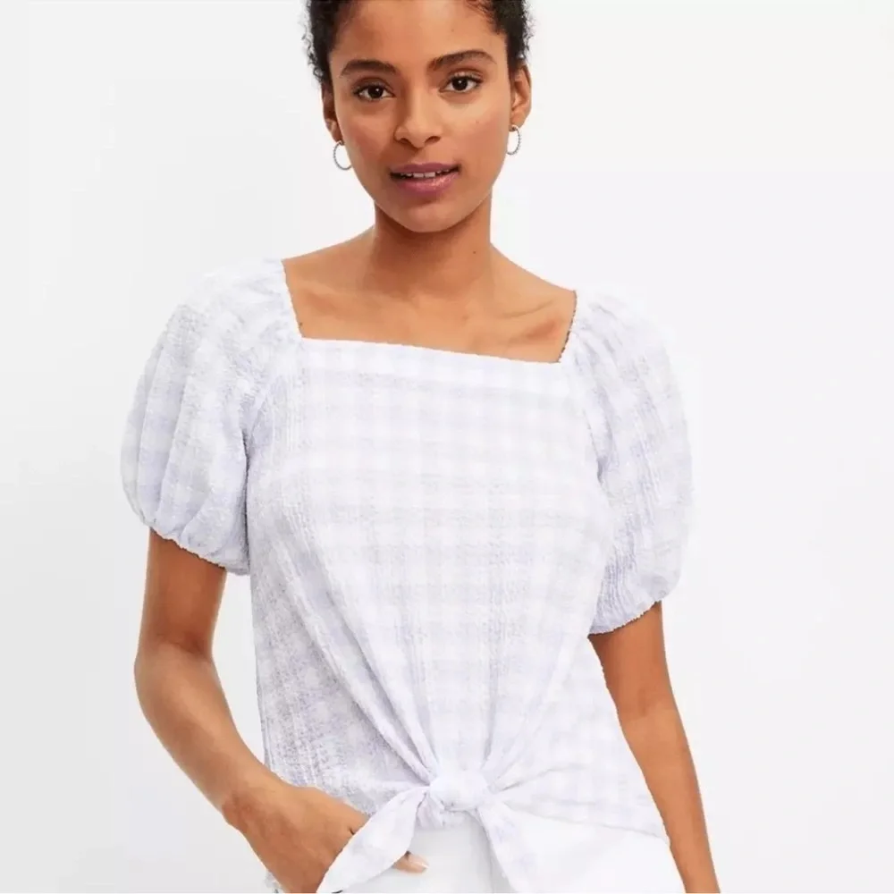 Loft Gingham Square Neck Tie Front Puff Sleeve Lilac White Top XS